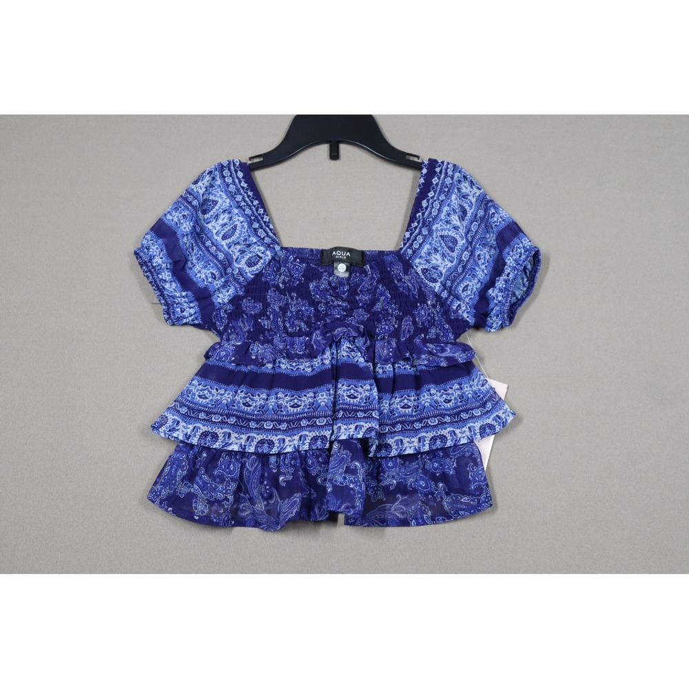 Aqua Girls' Little Girls Smocked Puff Sleeve Top - Blue Paisley - Size XS (6-6X)